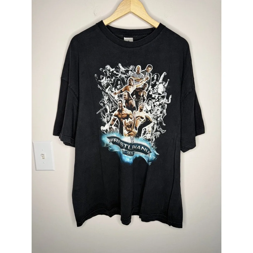 Vintage WWE WrestleMania 23 T Shirt 2007 Detroit Match Card Graphic Black 3XL